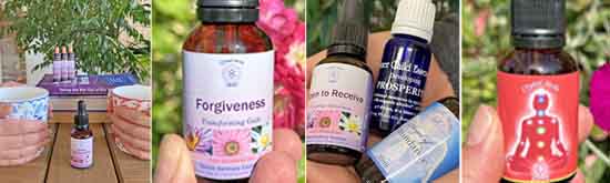 Essence Montage: Hands on mugs and a Loving Communications Essence, a bottle of Forgiveness Essence, three bottles of essences for Abundance, and a bottle of Base Chakra Essences