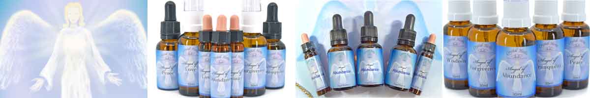 Angel Essence Montage: Angelic being, group of Angel Essences and sprays, flatlay of Angel Essences, Angel Essence sprays