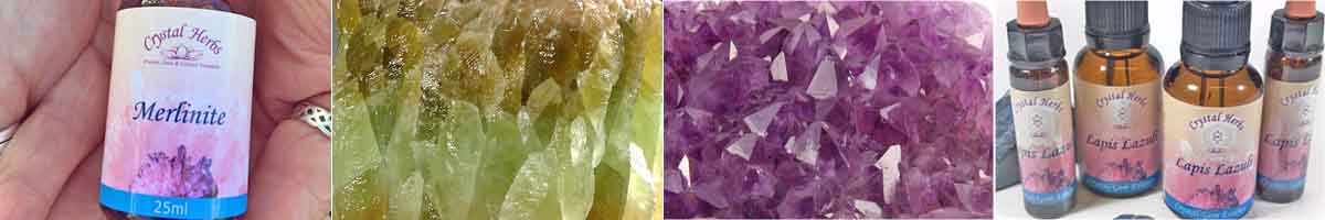 Crystal Essence Montage: a bottle of Merlineite Essence, close up of green Calcite, close up of quartz Amethyst, bottles of Lapis Lazuli crystal essences with lapis lazuli crystals