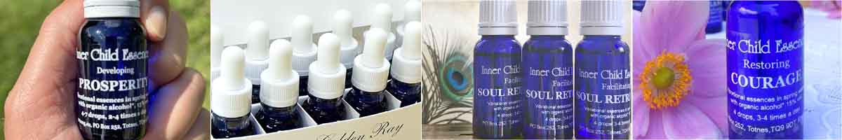 Inner Child Essence Montage: Propserity Essence, Inner Child Essence Set, bottles of Soul Retireval Essence with a Peacock feather, a bottle of Courage Inner Child Essence