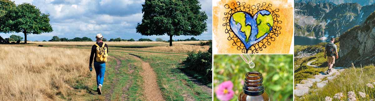 Montage: person walking in the fields, heart earth, flower essence bottle and person walking in the mountains