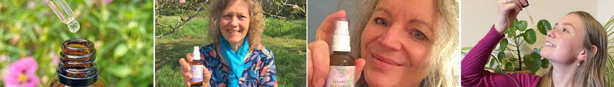 How to Use Flower Essences Using an Essence montage: a dropper and bottle, Catherine holding a spray essence, person holding a flower essence and a person using a flower essence